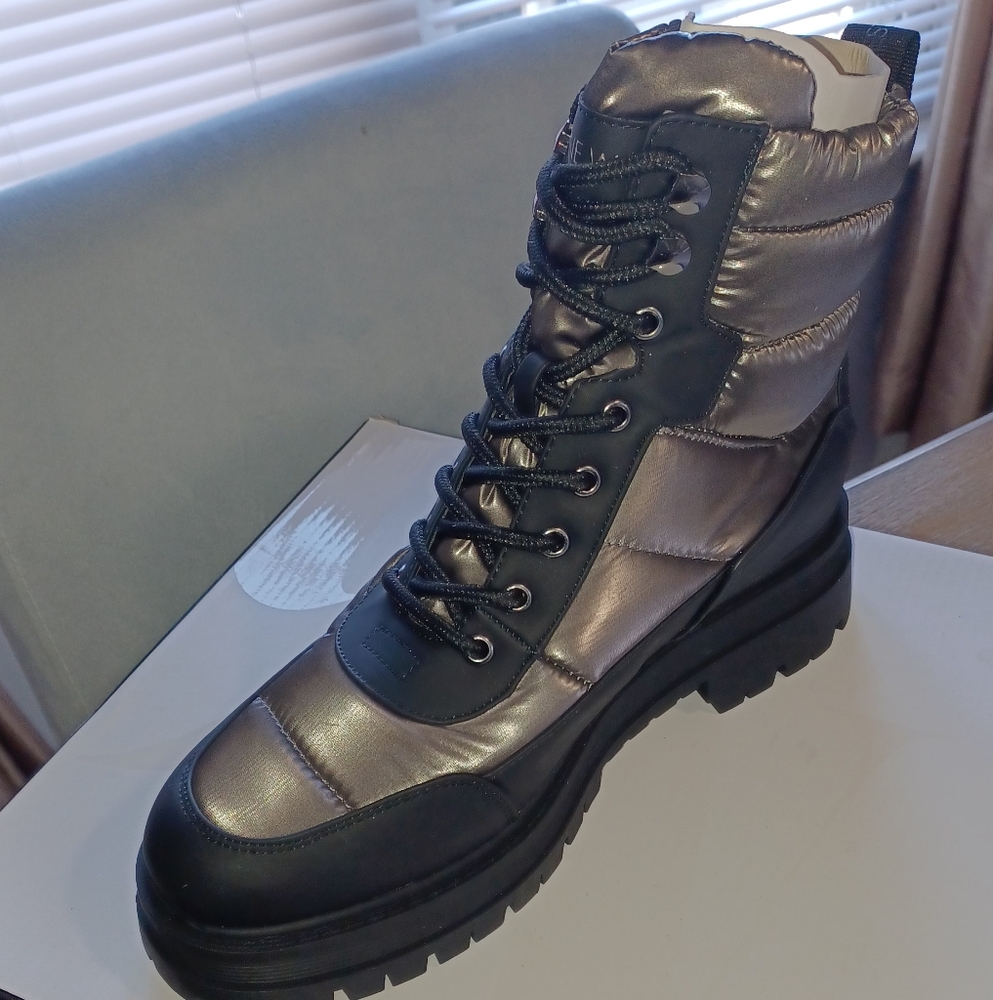 NINE WEST Silver and Black Combat Moto Boots with Metallic Finish